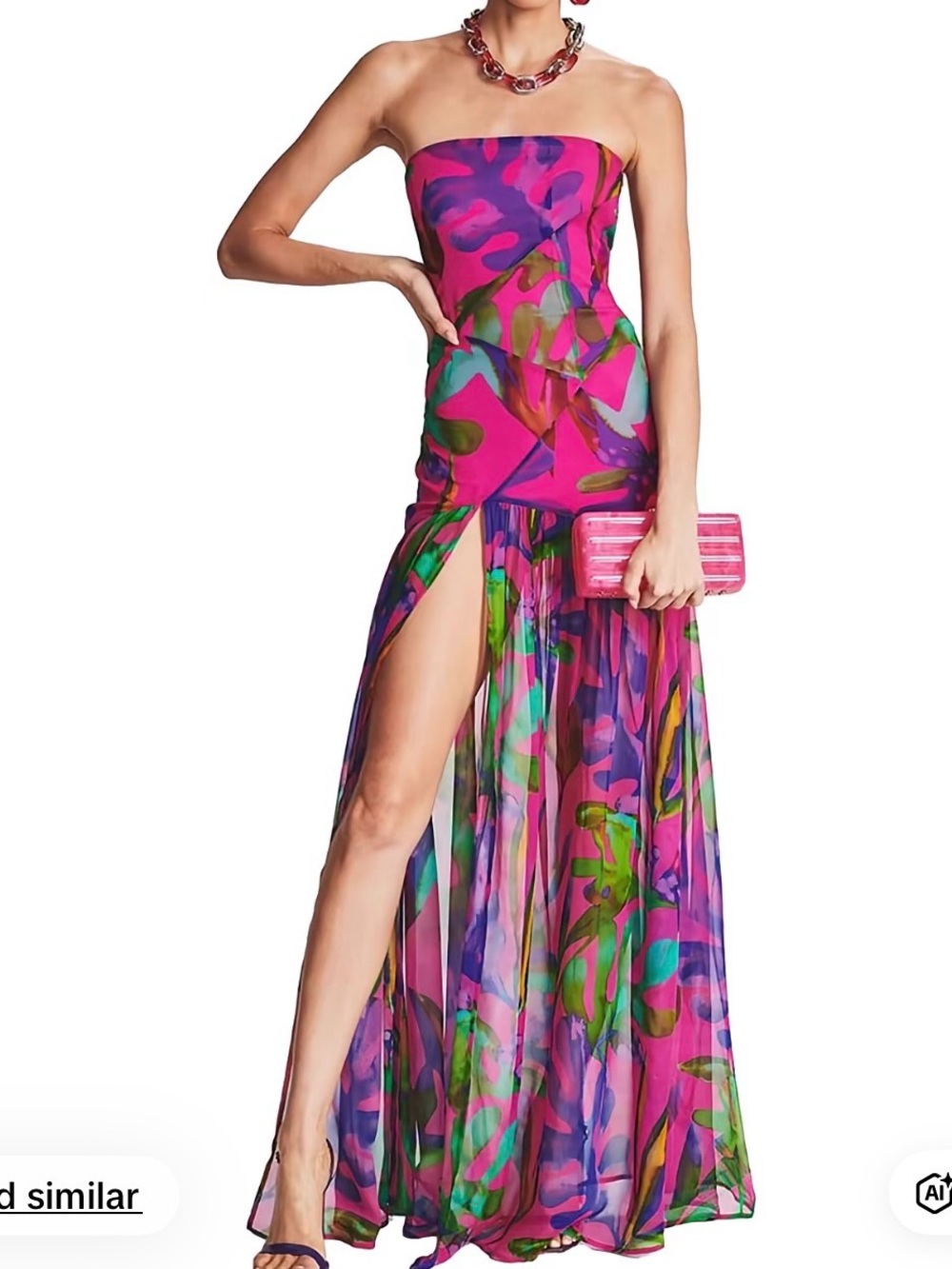 Amazon Strapless Fuchsia Multi-Color Floral Print High-Slit Maxi Dress